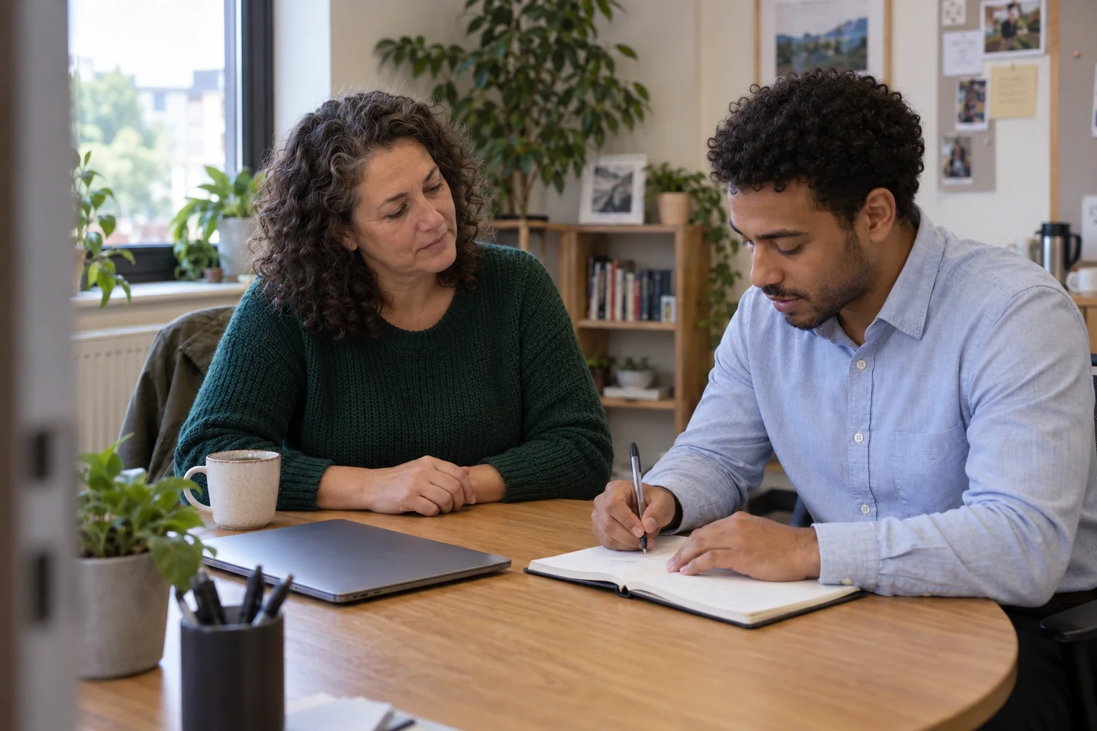 Illustrative workplace scene: an employee writes in a notebook while a colleague reviews the plan with him.