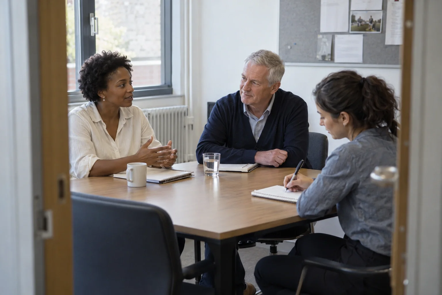 Illustrative workplace scene: three colleagues discuss a workplace improvement while one takes notes.