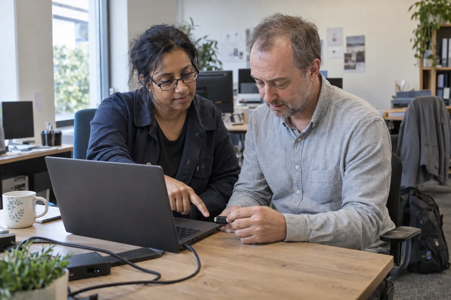 Illustrative workplace scene: an IT colleague helps an employee connect equipment at his desk.